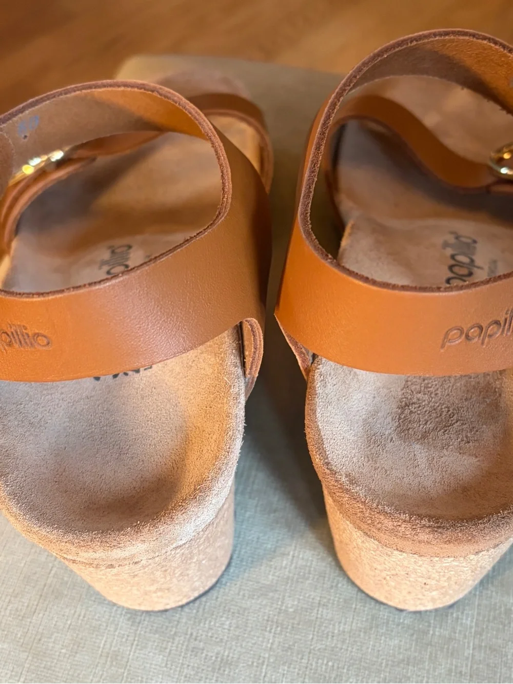 BIRKENSTOCK PAPILLIO NEW $145 SOLEY Leather Wedge Sandals 38/7 Tan - Picture 4 of 5